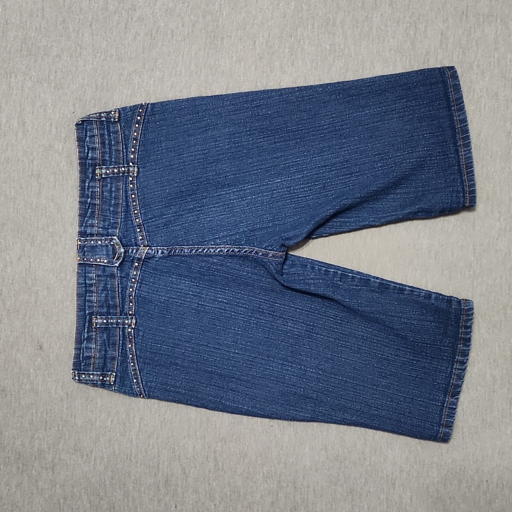 Y2K DIAMANTE Rhinestone Bedazzled Denim Blue Jean Bermuda Shorts Jorts - Picture 1 of 11